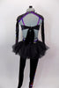 Black velvet unitard has black tutu skirt. Legs and sheer arms have colorful design lined with crystals. Bodice had low V-front held by straps & ruffled collar. Comes with hair accessory. Back