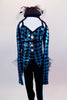 Black and blue sequined unitard has diamond pattern on upper tailcoat bodice and separate sleeves attached to collar. Leggings have blue stripe & tutu skirt. Comes with hat accessory. Front