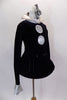 Black velvet long sleeved leotard has large silver button detail, silvers cuffs & silver collar with crystals. Comes with a short velvet skirt with tube hem & hair accessory. Side