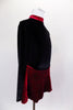Black velvet skaters dress has long sleeves, high neck with red velvet band and keyhole back. Attached skirt is red with swirls of black beads. Comes with hair accessory. Side