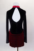 Black velvet skaters dress has long sleeves, high neck with red velvet band and keyhole back. Attached skirt is red with swirls of black beads. Comes with hair accessory. Back