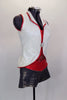 Shimmery white vest top with red piping & large crystal button covers attached nude sheer mesh leotard covered in red crystals. Comes with metallic denim shorts. Has crystal hair barrette. Right side