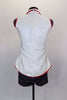 Shimmery white vest top with red piping & large crystal button covers attached nude sheer mesh leotard covered in red crystals. Comes with metallic denim shorts. Has crystal hair barrette. Back