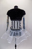 Black & white striped jacket has red bows, black  fur & tattoo sleeves with pouf.  Has white crystal tulle skirt with ribbon accent, attached black shorts & matching mini striped top hat. Back