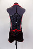 Black short has red sequined pin-stripes. The crystal covered red & black metallic bustier has lace-up back and faux red collar. Comes with bowler hat and gloves. Back