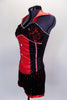 Black short has red sequined pin-stripes. The crystal covered red & black metallic bustier has lace-up back and faux red collar. Comes with bowler hat and gloves. Side
