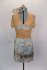 Pale blue-gold empire waist dress has triangle bra with cross straps. Long nude shimmering scarves attached at bust line wrap like a Collar & Obi & tie at back. Comes with gold leaf hair accessory. Front