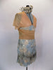 Pale blue-gold empire waist dress has triangle bra with cross straps. Long nude shimmering scarves attached at bust line wrap like a Collar & Obi & tie at back. Comes with gold leaf hair accessory.  Right side