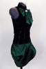 Navy velvet tank top with princess seams has emerald front bow accent with crystal brooch. Matching emerald taffeta pleated & tulip angle skirt complete look. Comes with crystal hair accessory. Right side