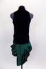 Navy velvet tank top with princess seams has emerald front bow accent with crystal brooch. Matching emerald taffeta pleated & tulip angle skirt complete look. Comes with crystal hair accessory. Back