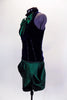 Navy velvet tank top with princess seams has emerald front bow accent with crystal brooch. Matching emerald taffeta pleated & tulip angle skirt complete look. Comes with crystal hair accessory. Left side