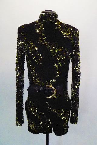 Black long sleeved, beaded lace short unitard has splashes of silver & gold sequins throughout, high collar & deep open back. Comes with belt & hair accessory. Front