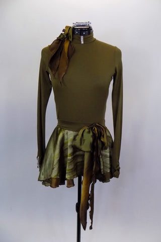 Long sleeved army green-brown leotard has high collar with crystal accent &  bow accent. Has low open back & a matching skirt of earthone chiffon & silk belt. Comes with crystal barrette. Front