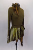 Long sleeved army green-brown leotard has high collar with crystal accent &  bow accent. Has low open back & a matching skirt of earthone chiffon & silk belt. Comes with crystal barrette. Right side