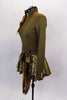 Long sleeved army green-brown leotard has high collar with crystal accent &  bow accent. Has low open back & a matching skirt of earthone chiffon & silk belt. Comes with crystal barrette. Left side