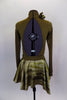 Long sleeved army green-brown leotard has high collar with crystal accent &  bow accent. Has low open back & a matching skirt of earthone chiffon & silk belt. Comes with crystal barrette. Back