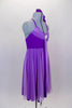 Purple knee length dress has crystal covered shoulder straps. Gathered lavender mesh covers neckline, skirt & center kerchief. Comes with panty & hair accessory. Right side