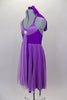 Purple knee length dress has crystal covered shoulder straps. Gathered lavender mesh covers neckline, skirt & center kerchief. Comes with panty & hair accessory. Left side