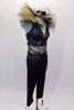 Black leather-look full unitard has triangle halter bra, wide gold waistband & open back.  The collar has layers of gold & black tulle tufting. Comes with hat. Right side