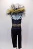 Black leather-look full unitard has triangle halter bra, wide gold waistband & open back.  The collar has layers of gold & black tulle tufting. Comes with hat. Back