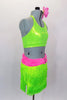 Neon green fringe skirt has pink gathered waistband with large crystal buckle. Comes with matching green racerback half-top & hair accessory. Right side