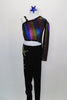 Full unitard had rainbow holographic torso with open side, single shoulder and long right sleeve. Bottom is black velvet with hand painted colorful star. Front