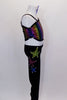 Full unitard had rainbow holographic torso with open side, single shoulder and long right sleeve. Bottom is black velvet with hand painted colorful star. Right side