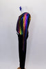 Full unitard had rainbow holographic torso with open side, single shoulder and long right sleeve. Bottom is black velvet with hand painted colorful star. Left side