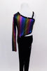 Full unitard had rainbow holographic torso with open side, single shoulder and long right sleeve. Bottom is black velvet with hand painted colorful star. Back