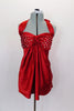 Red satin baby-doll top has padded bust & ties at neck. Pleated bust is covered extensively with Swarovski crystals. Comes with black briefs & hair accessory. Front