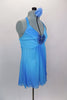 Blue chiffon halter baby-doll top has large jeweled applique at front center over pleated bust area & ties at neck. Comes with black shorts and hair accessory. Side