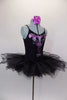 Black leotard with open loop back has had painted, purple designs &  crystals along back & torso. Comes with pull on black tutu & floral hair accessory. Side