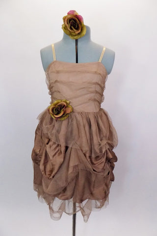 Shirred, taupe mesh overlays the entire dress. The skirt has hand-sewn pick-ups, of satin & mesh with rose.  Has nude adjustable,straps & rose hair accessory. Front