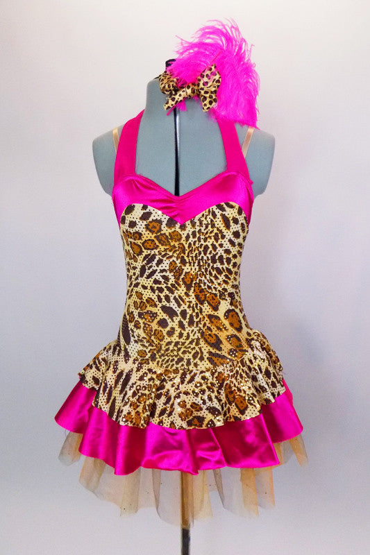 Hot pink satin & cheetah print halter-neck leotard dress is embellished with gold sequins. Gold glitter tulle sits beneath skirt. Has matching hair accessory. Front