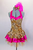 Hot pink satin & cheetah print halter-neck leotard dress is embellished with gold sequins. Gold glitter tulle sits beneath skirt. Has matching hair accessory. Front