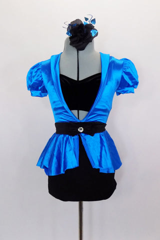 Turquoise pouf sleeved short unitard has attached peplum jacket with black elastic  waist with front jeweled bow accent. Comes with velvet bra & hair accessory. Front
