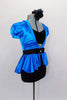 Turquoise pouf sleeved short unitard has attached peplum jacket with black elastic  waist with front jeweled bow accent. Comes with velvet bra & hair accessory. Side