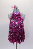 Pink metallic halter-neck tunic dress has silver & hot pink sparkly dangling paillettes overlay over leotard base. Dress has adjustable straps & hair accessory. Front