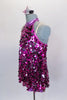 Pink metallic halter-neck tunic dress has silver & hot pink sparkly dangling paillettes overlay over leotard base. Dress has adjustable straps & hair accessory. Done