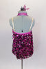 Pink metallic halter-neck tunic dress has silver & hot pink sparkly dangling paillettes overlay over leotard base. Dress has adjustable straps & hair accessory. Done