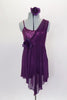 Purple leotard dress has stretch mesh overlay & sequin spandex camisole bodice with stretch mesh cross overlay & rose accent. Comes with rose hair accessory. Front