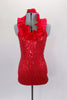 Rich red sequin mesh halter-neck leotard features with a satin ruffle trimming the neck. Leotard is lined and comes with hair accessory. Front