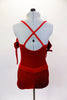 Red velvet leotard has off shoulder gather sleeves with ties & velvet shoulder straps. Bodice has three crystal hearts. Comes with shorts and hair accessory. Back