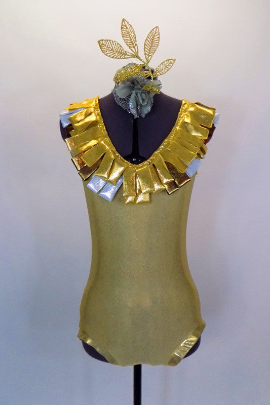Scoop back tank style fully lined gold leotard has round collar. The loop accents of gold, bronze & silver accent neck-line and back. Comes with hair accessory. Front