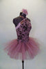 Pale mauve tutu dress has crystal tulle skirt attached to a mauve sateen bodice with wrap halter neck & plum velvet floral design. Comes with floral hair accessory. Side