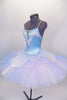 Aqua satin, 5 panel bodice has lace & gold detailing with crystals & nude straps. 10 layer pleated professional tutu has pastel tulle & lace petal shaped overlay. Comes with crystal tiara.  Side