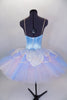 Aqua satin, 5 panel bodice has lace & gold detailing with crystals & nude straps. 10 layer pleated professional tutu has pastel tulle & lace petal shaped overlay. Comes with crystal tiara. Back