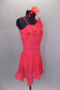 Coral chiffon lyrical dress has single shoulder & gathered waistband. The dress has ruffles along upper bodice. Comes with matching hair accessory. Right side