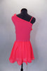 Coral chiffon lyrical dress has single shoulder & gathered waistband. The dress has ruffles along upper bodice. Comes with matching hair accessory. Back