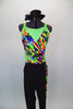 Full unitard has green cross-back tank with colored pattern. The bottom is black  with colored ladder pattern down one leg. Comes with black hat accessory. Front